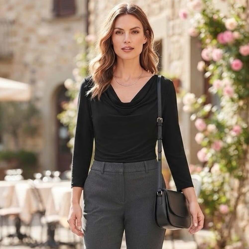 Y2K Sz M Drape Neck 3/4 Sleeves Womens Black Minimalist Blouse Career Casual USA